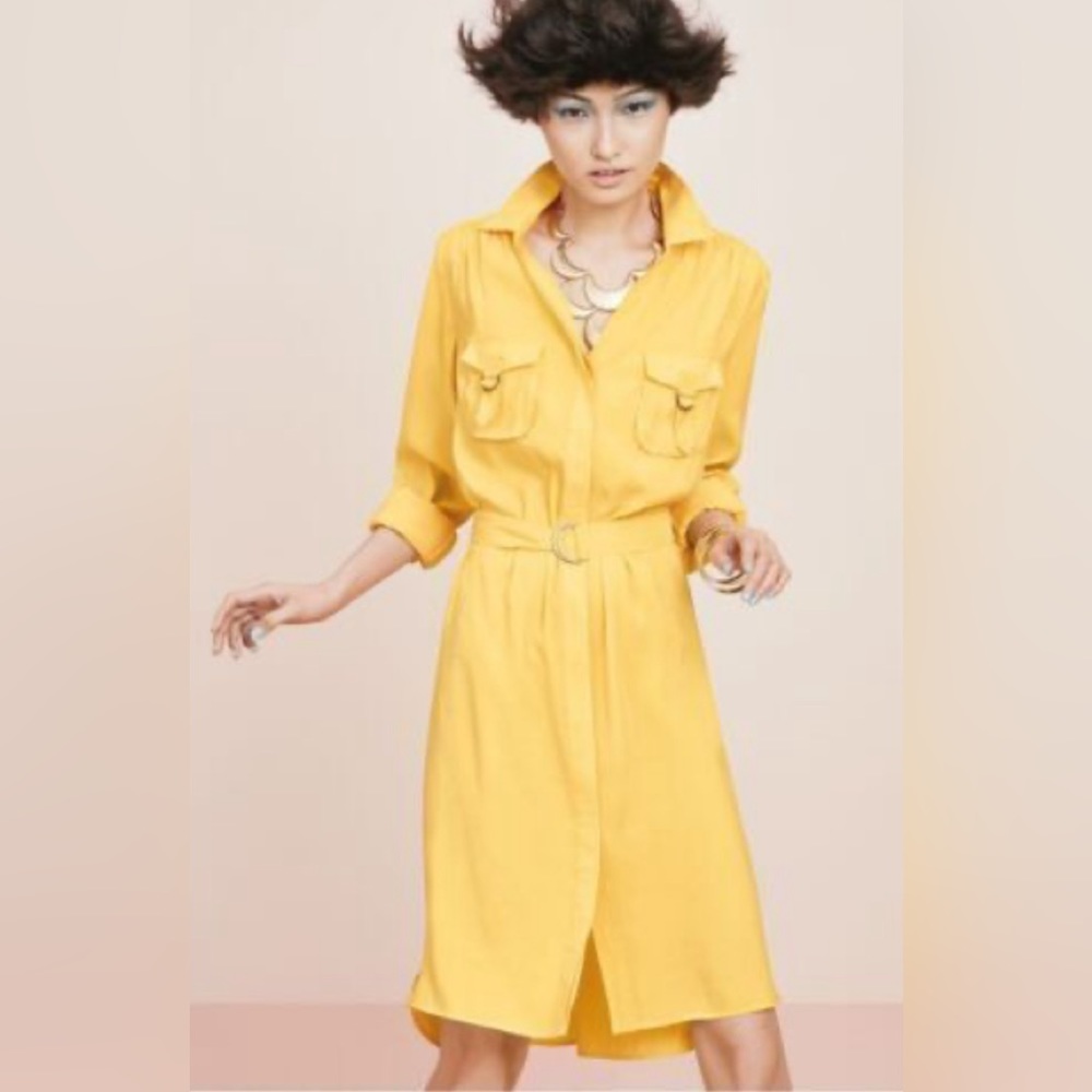 Vintage SUZI CHIN Yellow Belted Shirt 90s Dress Size 6 Petite